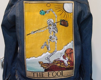 Hand painted original jacket. Modern take on The Fool tarot card.