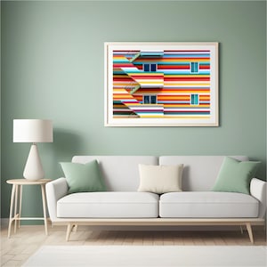 Fotografia minimalista di un edificio arcobaleno, stampa d'arte moderna, arte murale di architettura, stampa di un edificio moderno, decorazione murale colorata VibrantColors