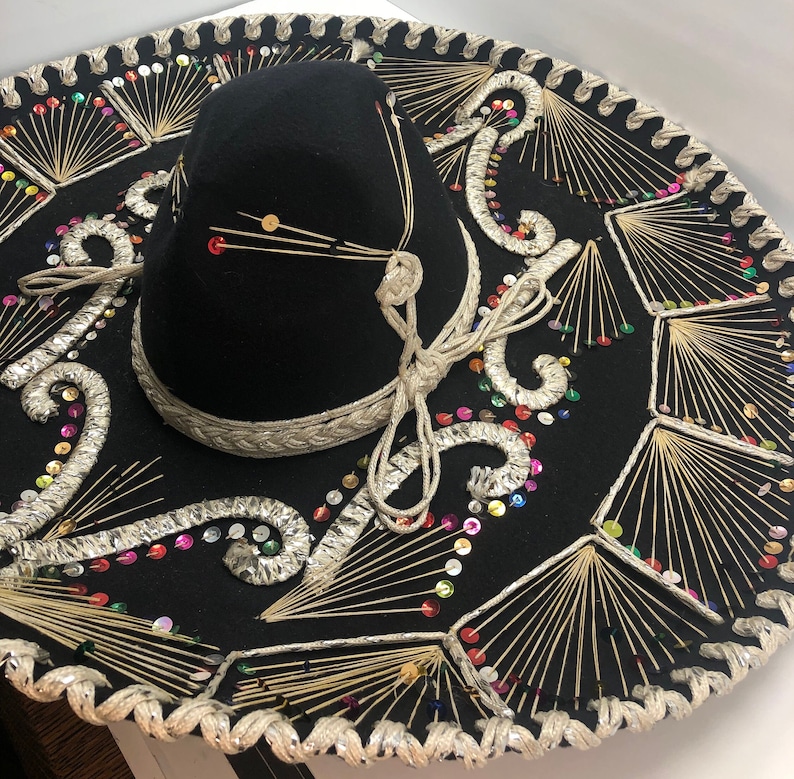 Vintage Pigalle Mexican Sombrero Mariachi Hat Velvet Black White Sequin 23 Inch Etsy
