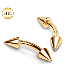 14K SOLID Gold Cone /Spike Curved Bent Barbells Eyebrow Rings Ear Cartilage Stud Ring Rook Snug Barbell Piercing Jewelry 16gauge