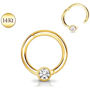 14K Solid Gold Seamless Hinged Clicker Ring with Gem Ear Cartilage Hoop Nose Septum Stud Daith Helix Trgaus Snug Rook Piercing Jewelry