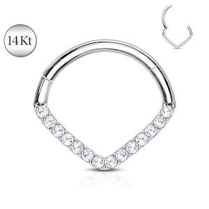 Solid 14K White Gold Chevron Gem Hoop Hinged Clicker Rings Ear Cartilage Nose Septum Stud Daith Helix Tragus Ring Snug Rook Piercing Jewelry