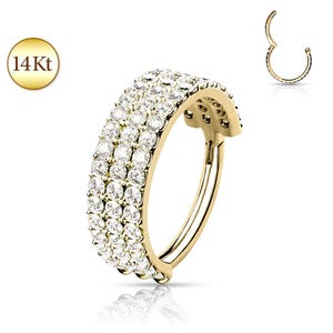 Solid 14K Gold Triple Line Gem Hoop Hinged Clicker Rings Ear Cartilage Stud Daith Helix Tragus Orbital Ring Snug Rook Piercing Jewelry