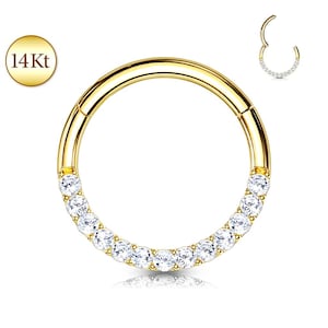 Solid 14K Gold Front Facing Gem Hoop Clicker Rings Ear Cartilage Nose Septum Stud Ring Daith Helix Tragus Orbital Snug Rook Piercing Jewelry