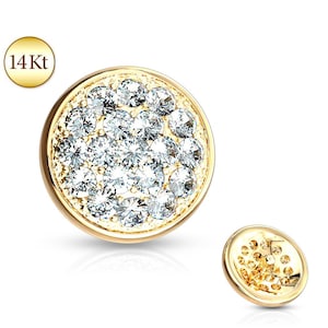 14K Solid Gold Flat Jeweled Dome Dermal Anchor Head Top Screw Stud Internally Threaded Ring Body Piercing Studs Rings Jewelry