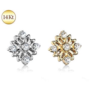 14K Solid Gold Jeweled Accented Flower Dermal Anchor Head Top Screw Stud Internally Threaded Ring Body Piercing Studs Rings Jewelry