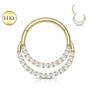 Solid 14K Gold Double Gem Hoops Hinged Clicker Rings Ear Cartilage Nose Septum Stud Daith Hoop Helix Tragus Ring Snug Rook Piercing Jewelry