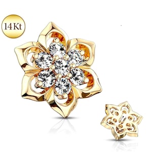 14K Solid Gold Double Tiered Jeweled Flower Dermal Anchor Head Top Screw Stud Internally Threaded Ring Body Piercing Studs Rings Jewelry