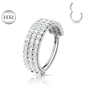 Solid 14K White Gold Triple Line Gem Hoop Hinged Clicker Rings Ear Cartilage Stud Daith Helix Tragus Orbital Ring Snug Rook Piercing Jewelry