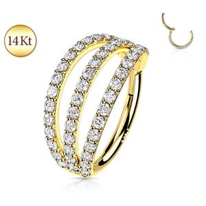 Solid 14K Gold Jeweled Triple Hoops Hinged Clicker Rings Ear Cartilage Stud Daith Helix Tragus Orbital Hoop Ring Snug Rook Piercing Jewelry