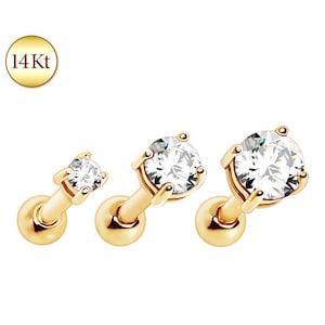 14K Solid Gold Prong Set Gem Ear Cartilage Bar Barbell Ring Conch Tragus Stud Helix Anti Snug Daith Rings Piercing Jewelry