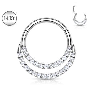 Solid 14K White Gold Double Gem Hoops Hinged Clicker Rings Ear Cartilage Nose Septum Stud Daith Helix Tragus Ring Snug Rook Piercing Jewelry