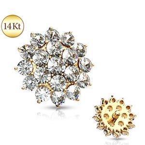 14K Solid Gold Jeweled Flat Round Flower Dermal Anchor Head Top Screw Stud Internally Threaded Ring Body Piercing Studs Rings Jewelry