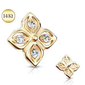 14K Solid Gold Jeweled Four Petal Flower Dermal Anchor Head Top Screw Stud Internally Threaded Ring Body Piercing Studs Rings Jewelry
