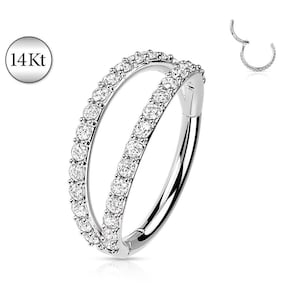 Solid 14K White Gold Splitting Double Hoop Hinged Clicker Rings Ear Cartilage Stud Daith Helix Tragus Orbital Snug Ring Piercing Jewelry