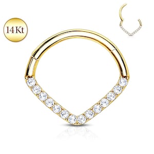 Solid 14K Gold Chevron Gem Hoop Hinged Clicker Rings Ear Cartilage Nose Septum Stud Daith Helix Tragus Ring Snug Rook Piercing Jewelry