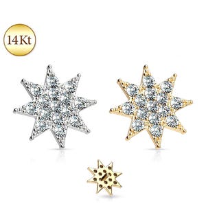 14K Solid Gold Jeweled Starburst Dermal Anchor Head Top Screw Stud Internally Threaded Ring Body Piercing Studs Rings Jewelry