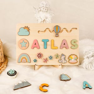 Custom Rainbows Puzzle with Name, Clouds Puzzle, Hot Air Balloons Puzzle, Wooden Busy Board Puzzle, Personalized Puzzle Toys for Baby