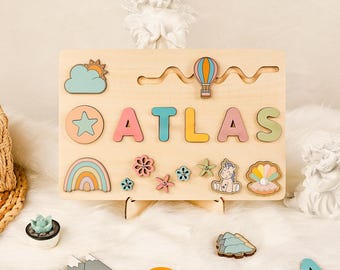 Custom Rainbows Puzzle with Name, Clouds Puzzle, Hot Air Balloons Puzzle, Wooden Busy Board Puzzle, Personalized Puzzle Toys for Baby