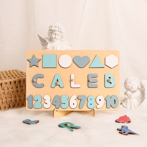 Custom Name Puzzle with Shapes/Numbers, Name Puzzles for Boys/Girls, Personalized Birthday Gift for Kids, Wood Toys for One-Year-Old