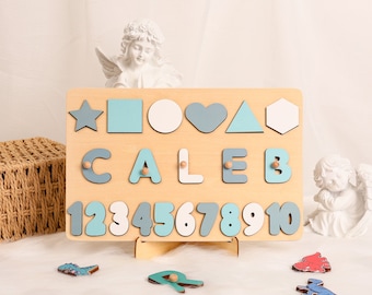 Custom Name Puzzle with Shapes/Numbers, Name Puzzles for Boys/Girls, Personalized Birthday Gift for Kids, Wood Toys for One-Year-Old