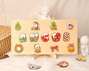 Quebra-cabeça de Natal personalizado com nome, brinquedo de madeira Montessori, presente para bebê