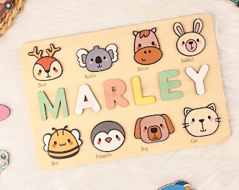 Personalized Handmade Name Puzzle with Animals, Custom Busy Board, Montessori Wooden Toy, Christmas Gift
