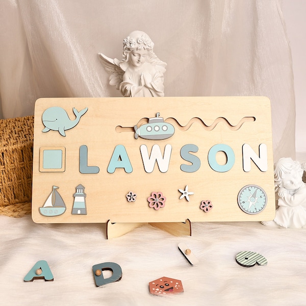 Ocean Nursery Decor, Personalized Name Puzzle With Whale/Submarine, Handmade Custom Busy Board for Toddler, Kids Ocean Puzzle, Birthday Gift