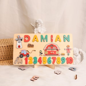 Name Puzzle 1st Gift for Kids, Wooden Puzzle with Numbers, Montessori Baby Toys, Personalized Name Puzzles for Toddlers, Baby Shower Gift