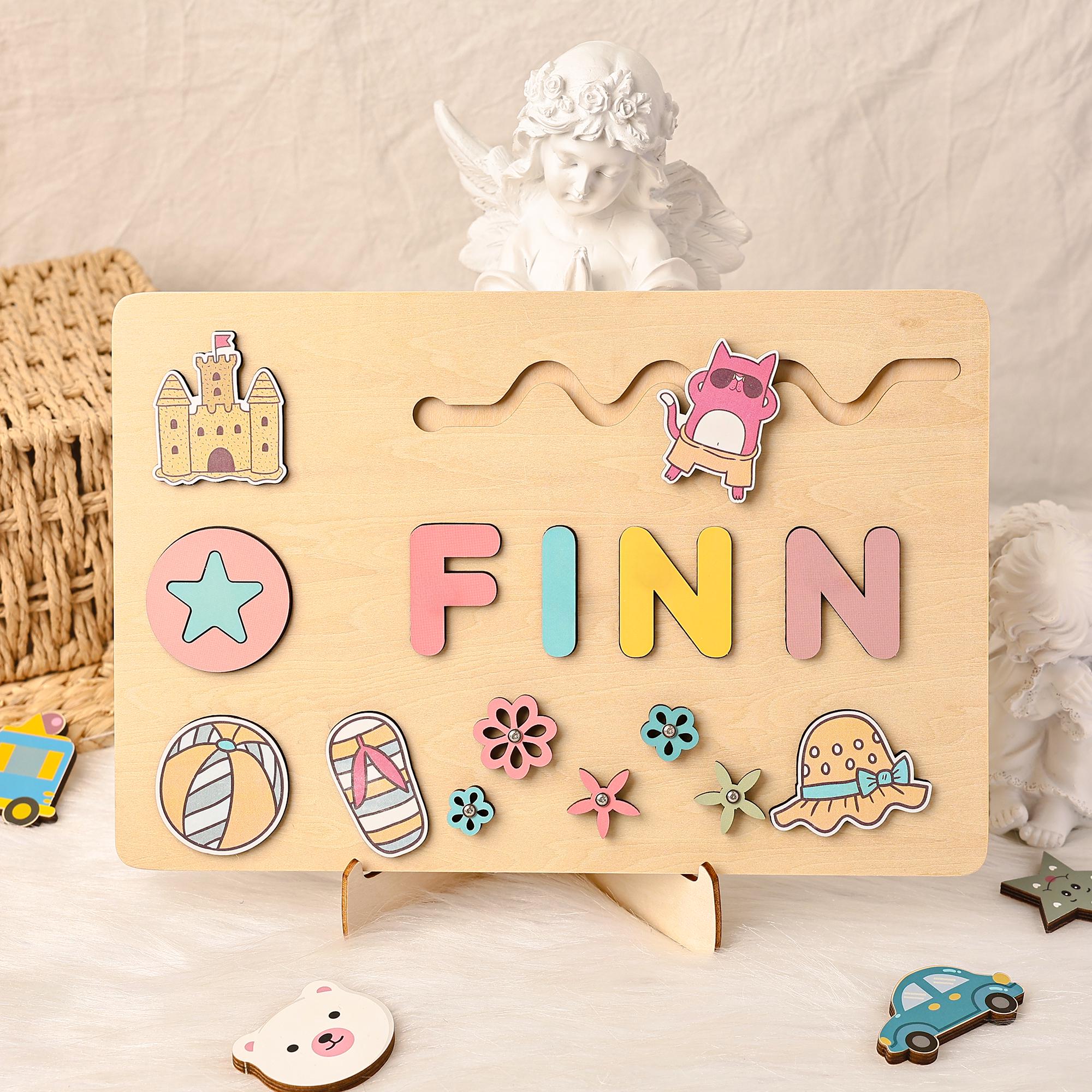 Personalized Name Busy Board, Summer/Beach/Vacation Wooden Puzzle, Baby Name Puzzle, Nursery Decor, Sensory Toy 1 Year-Old, Birthday Gift