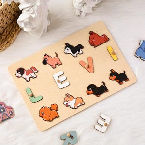 Cute Dog Name Puzzle, Personalized Name Puzzle with Animals, Baby/Toddler/Kids Toys, Wooden Toys, Baby Shower, First Birthday Gifts