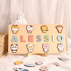 Wood Toys for One-Year-Old, Personalized Name Puzzle with Zoos/Animal, Custom Toddler Toys, Kids Baby Girl Shower Gift, Montessori Toys