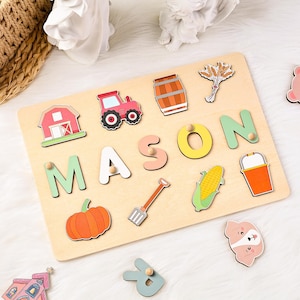 Farm Theme Wooden Name Puzzle, Animal Name Puzzle with Pegs, Personalized Name Puzzle, Wooden Toys, Baby Shower, First Birthday Gifts