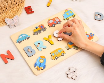 Transportation Name Puzzle Gift with Cars, Trucks, Trains, Planes, Rockets, Personalized Name Puzzle for Kids/Boys, Wooden Montessori Toys