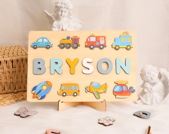 Personalized Name Puzzle for Kids/Boys, Transportation Name Puzzle Gift with Cars, Trucks, Trains, Planes, Rockets, Wooden Montessori Toys