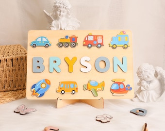 Gepersonaliseerde naampuzzel voor kinderen/jongens, transportnaampuzzel cadeau met auto's, vrachtwagens, treinen, vliegtuigen, raketten, houten Montessori-speelgoed