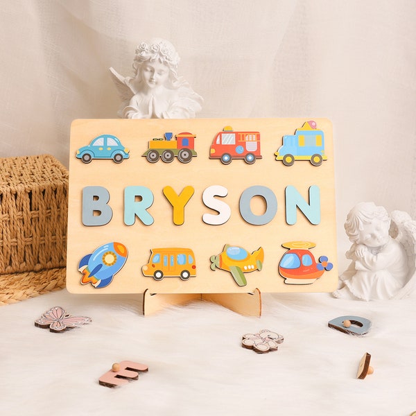 Personalized Name Puzzle for Kids/Boys, Transportation Name Puzzle Gift with Cars, Trucks, Trains, Planes, Rockets, Wooden Montessori Toys