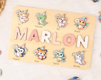 Personalized Name Puzzle, Wooden Montessori Toy, Animal Busy Board, Newborn Gift Boy, Custom Busy Board for Kids, 1 Year Old Baby Toys