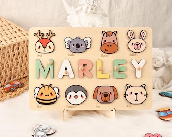 Animal Wooden Busy Board Puzzle, Personalized Name Puzzle Toy, Baby Girl Gift, Nursery Decor, First Easter Gift, One Year Old Gift
