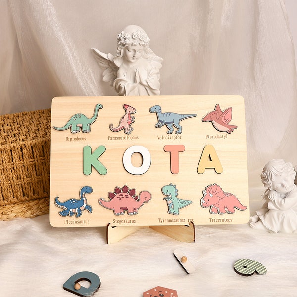 Custom Dinosaur Name Puzzle, Dinosaur First Birthday Gift, Dino Baby Shower Gift, Personalized Montessori Toys, 2 Years Old, Nursery Decor