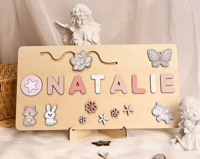 Name Puzzles for Girls/Kids/Baby, Personalized Name Puzzles with Pegs, Wooden Toddler Toys, Custom Montessori Busy Board, 1st Birthday Toys