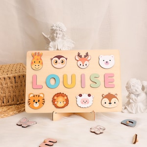 Personalized Baby Name Puzzle with Animals, Handmade Wooden, Custom Baby Girl and Boy Birthday Gift, Montessori Toys for One-Year-Old