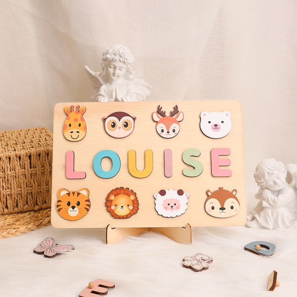 Gepersonaliseerde babynaampuzzel met dieren, handgemaakte houten, aangepaste verjaardagscadeau voor babymeisje en jongen, Montessori-speelgoed voor één jaar oud