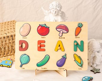Veggie-Thema Lernspielzeug aus Holz, Personalisiertes Namenspuzzle, Beschäftigtes Brett