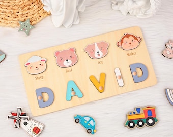 Personalized Wooden Name Puzzle with Animals, Montessori Toy, Personalized Kids Busy Board, Sensory Toy 2 Year-Old
