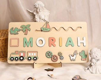Personalized Kids Busy Board, Sensory Toy 2 Year-Old, Crocodile/Train Wooden Puzzle, Baby Name Puzzle, Nursery Decor, Unique Birthday Gift