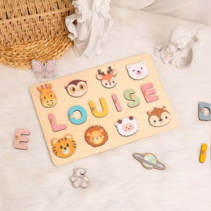 Custom Baby Name Puzzle with Animals, Personalized Baby Girl and Boy Birthday Gift, Montessori Toys for One-Year-Old, Handmade Wooden