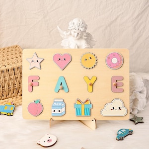 Joli casse-tête personnalisé, carte occupée personnalisée pour enfants, jouet en bois fait main avec icônes kawaii, cadeau pour tout-petit, cadeau de 1er anniversaire