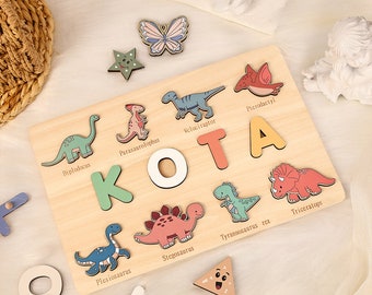 Dinosaur First Birthday Gift, Custom Dinosaur Name Puzzle, Personalized Montessori Toys, 2 Years Old, Nursery Decor, Dino Baby Shower Gift