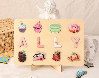 Puzzle personalizzato con nome, tema dessert, giocattolo in legno personalizzato, puzzle con nome per neonato, regalo per bambina, regalo per il primo compleanno